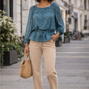 Joie Silk Asseline Paisley Print Blouse Square Neck Peplum Drawstring Size S